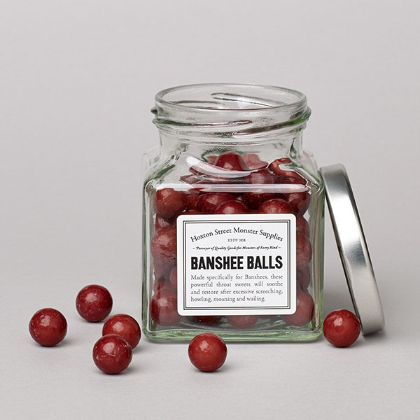 A glass jar of aniseed balls created especially for banshees